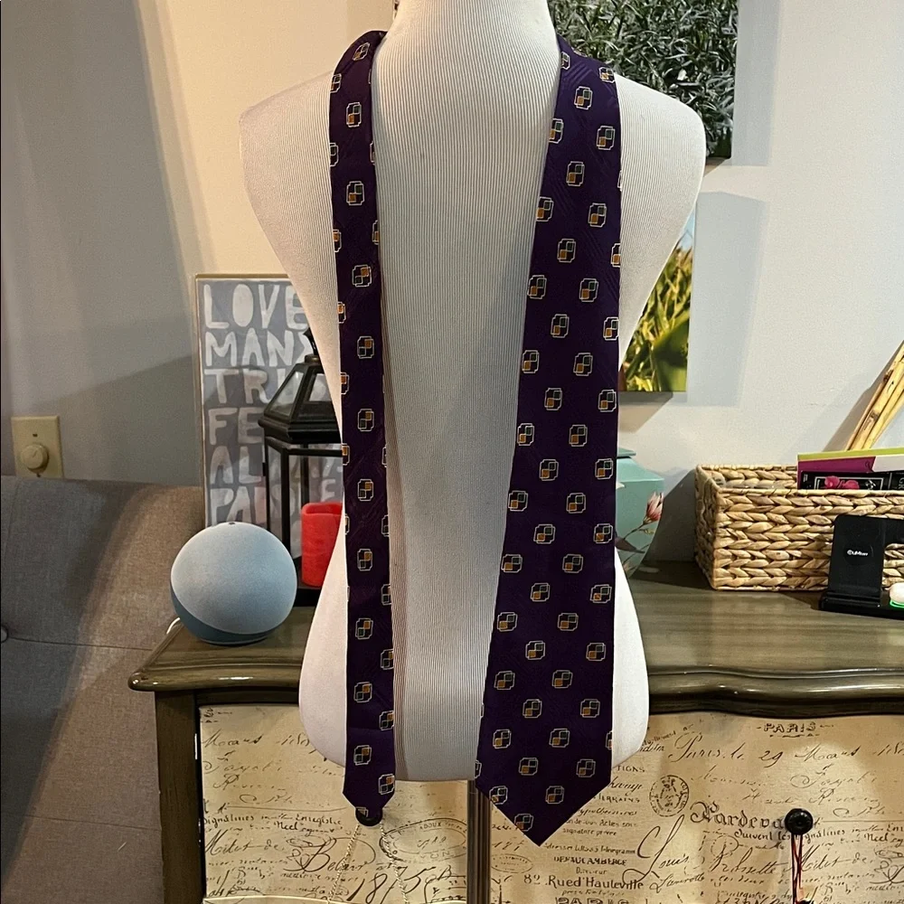 POLO BY RALPH LAUREN VTG GEOMETRIC PATTERN HANDMADE SILK TIE PURPLE GREEN GOLD